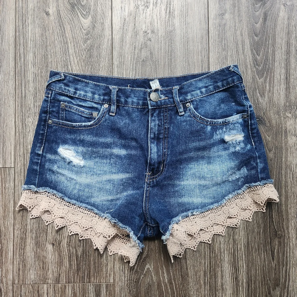 Free People Lacey Lace High Rise Denim Distressed Shorts 27